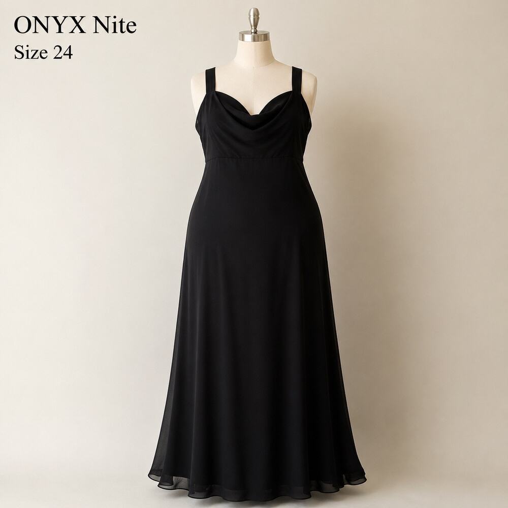 ONYX Nite Black Chiffon Maxi Gown Size 24 Y2K Goth Formal USA Made Dress